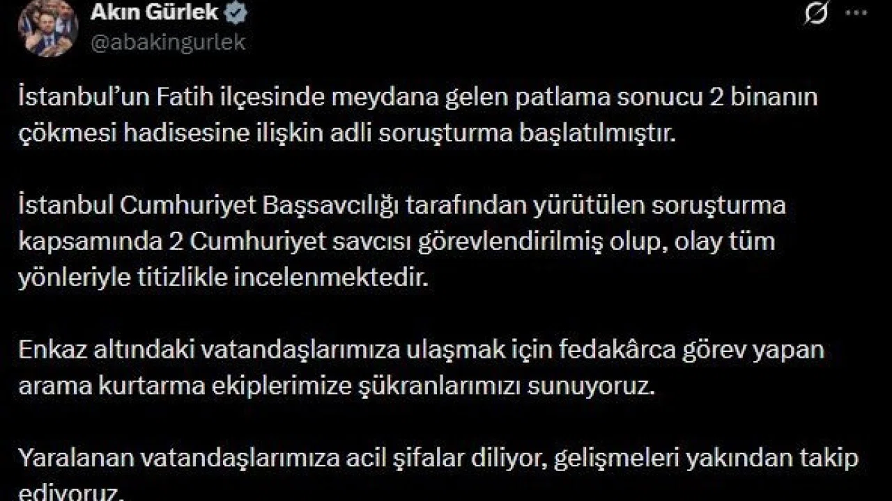 Bakan Gürlek: "2 binanın çökmesi hadisesine ilişkin adli soruşturma başlatılmıştır"