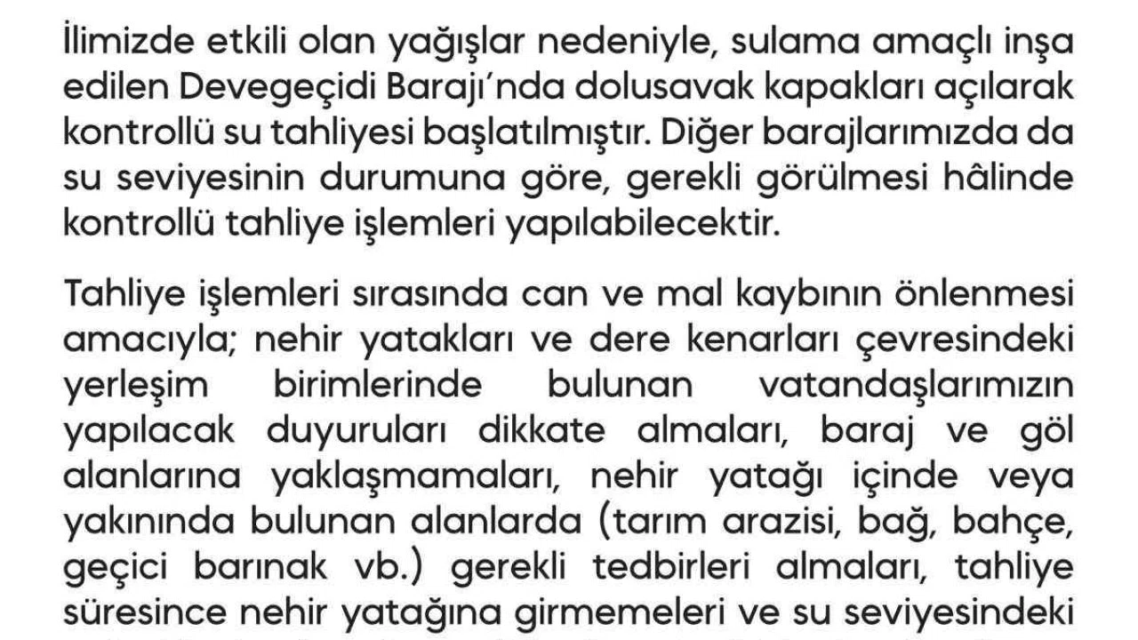 Devegeçidi Barajı’nda su tahliyesine başlandı