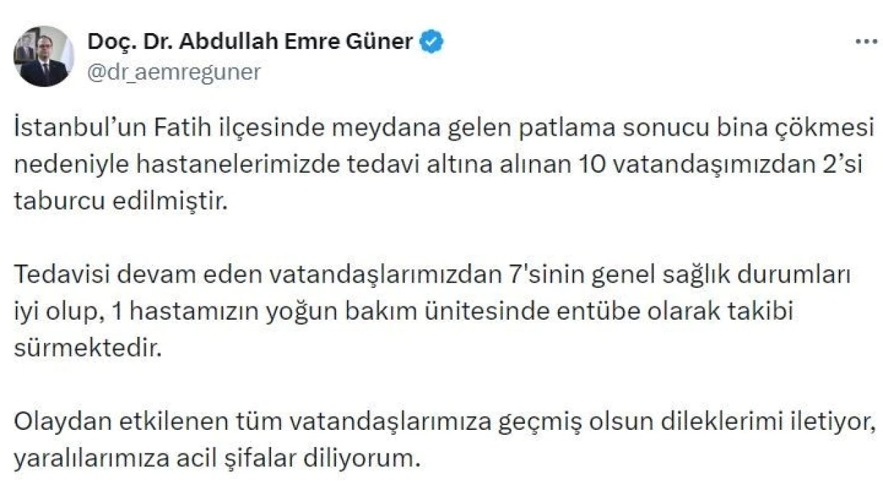 İstanbul İl Sağlık Müdürü Doç. Dr. Abdullah Emre Güner: "Tedavi altına alınan 10 vatandaşımızdan 2’si taburcu edilmiştir"