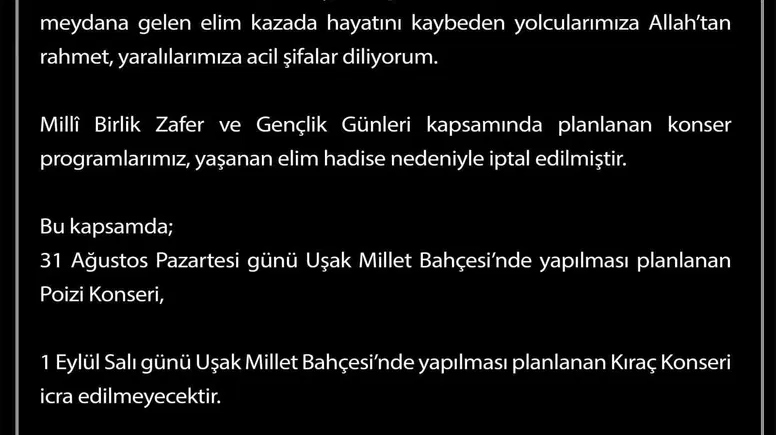 Uşak’ta 30 Ağustos Programı Değişti: Millet Bahçesi’ndeki Konserler Yas İçin İptal